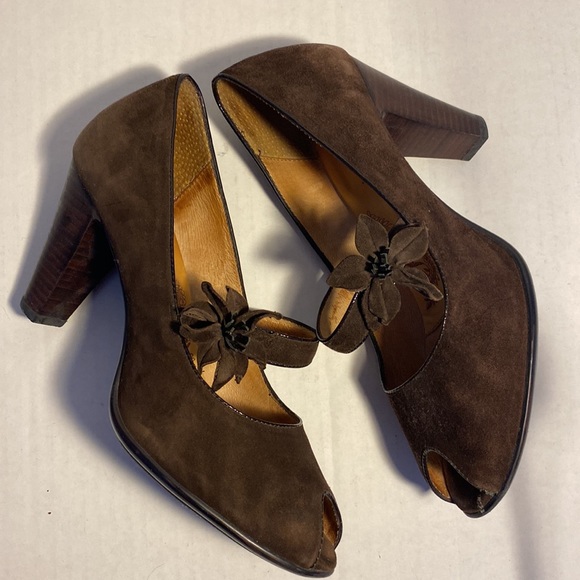 Söfft Geva Brown Suede and Leather Peep Toe High Heels 9.5 - Picture 2 of 13